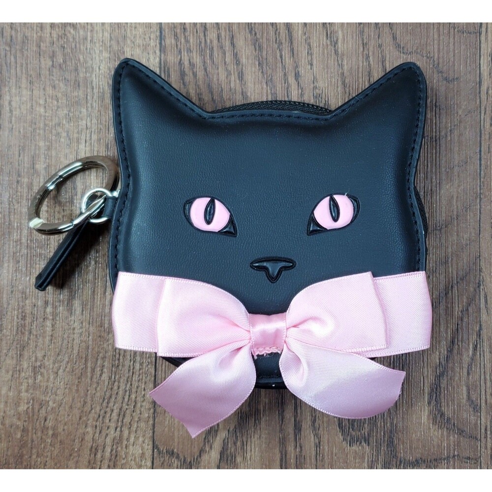Black Kitty Cat 5" Coin Purse Keychain Bath & Body Works Pink Eyes Bow